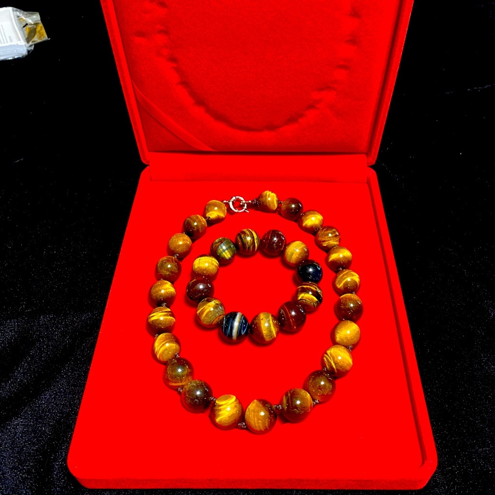 Large Tiger Eye Necklace and Bracelet Combo